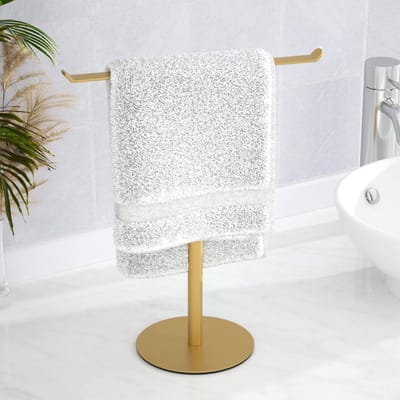 Ulisem - T-vormige handdoekhouder - voor de badkamer – geschikt voor handdoeken en haarbanden - lichtgewicht houder voor badkamer of keuken - waterbestendige aanrechtorganizer van roestvrij staal - Goud