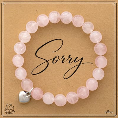 Bixorp Rozenkwarts Armband op Cadeau Kaartje - Sorry - Met Hartje Hanger - 8mm / 18cm Edelsteen Kralenarmband - Inclusief Cadeau Envelop