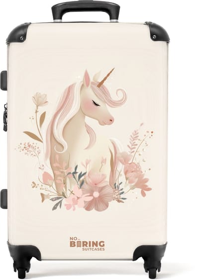 NoBoringSuitcases.com® - Kinderkoffer meisje - Kindertrolley meisjes - Eenhoorn tussen bloemen in roze pastel kleuren - Koffer kind groot - Rolkoffer lichtgewicht - Reiskoffer met 4 wielen - Grote trolley XL - 20 kg bagage