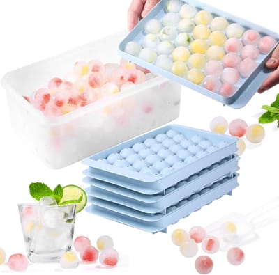 Thijox - IJsblokjesvorm met Deksel en Reservoir, IJsballenmaker voor Vriezer, Mini IJsblokjes Cirkelvormig, 99 Stuks, 2,54 cm, 3 Laden, IJsemmer en Sc