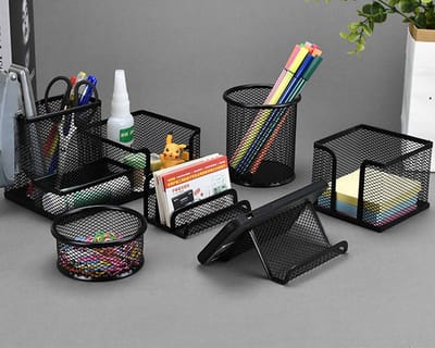 Set van 6 bureauorganizer, bureauorganizer, mesh-bureauorganizer met 3 compartimenten, metalen pennenhouders voor pennen, nietjes, plaknotities, ruimtebesparende bureauorganisatie, zwart
