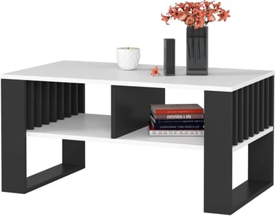 AKORD Rockford Houten salontafel met een plank, 92 x 45 x 53 cm, voor woonkamer, slaapkamer, minimalistisch modern design, gelaagde plaat 16 mm, kleur wit en zwart