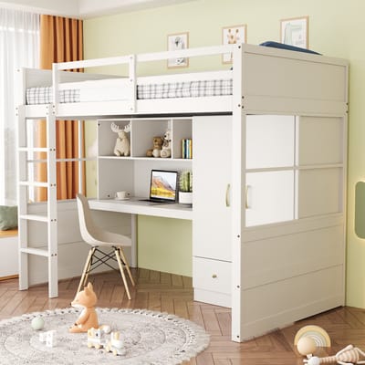 MODFU Hoogslaper 90x200 cm – Met bureau, kledingkast met lades en ladder – Wit – Van hout – Ruimtebesparend