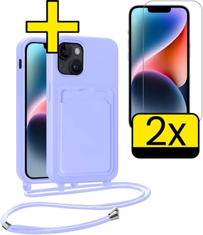 Hoesje Geschikt voor iPhone 13 Telefoonhoesje Met Koord Case Pashouder Met 2x Screenprotector Siliconen - Hoes Geschikt voor iPhone 13 Hoesje Met Kaarthouder - Lila
