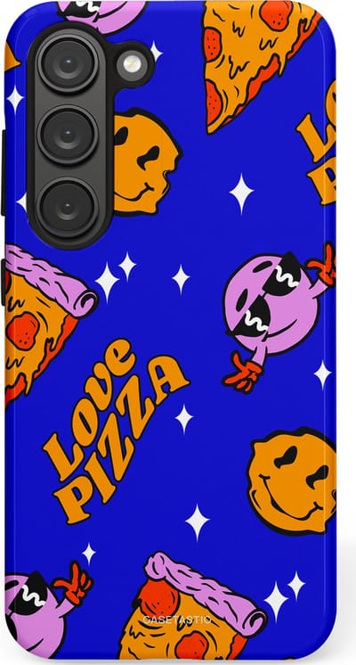 Casetastic hoesje geschikt voor Samsung Galaxy S23 - Dubbellaagse bescherming - Funky Pizza - Fashion Case - Paars Okergeel Donkerblauw Bruin