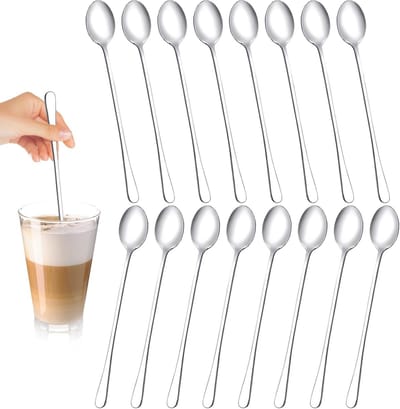 Set van 16 Lange Lepels voor Latte Macchiato en IJs, Roestvrijstalen Levensmiddelenlepel voor Desserts, Cocktails en Milkshakes, 19.5 cm Lang