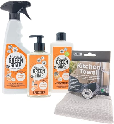 Green Soap Keuken Cadeauset Orange & Jasmine – Keukenreiniger, Afwasmiddel, Handzeep & Keukenhanddoek – Eco Keukenpakket voor Iedereen
