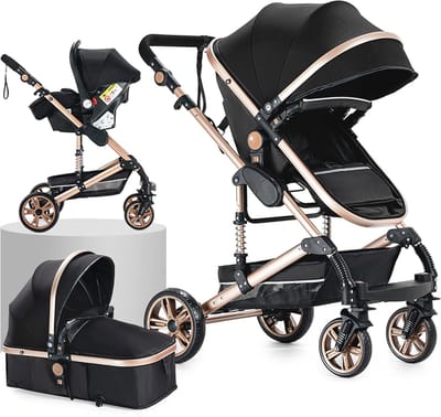 3-in-1 Kinderwagen voor Pasgeborenen en Peuters - Opvouwbare Buggy met Omkeerbare Duwstang, Aluminiumlegering en Comfortabele Zitplaatsen