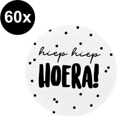 60x Sticker Hiep Hiep Hoera! - Zwart - Wit - Sluitsticker - Sluitzegel - Feeststicker Presentje - Enveloppe - Cadeau - Gift - Cadeauzakje - Traktatie - Leuk inpakken - Sticker - 40mm - 60 Stuks