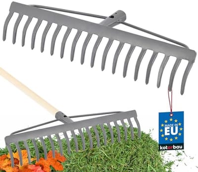 KOTARBAU® Tuinhark, Gazonhark, Bladhark, Metaal, 46 cm, Grijs, Tuinhark voor Gazon, 18 Tanden, Stevige Hark, Waaierbezem, Robuust Tuingereedschap, zonder Steel