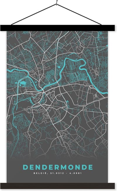 Posterhanger incl. Poster 40x60 cm - Schoolplaat - Stadskaart – Grijs - Kaart – Dendermonde – België – Plattegrond - Textielposter - Zwarte latten - Stadskaart