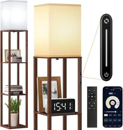 Dimbare Staande Lamp met Plank en Afstandsbediening - Houten Vloerlamp met Meerdere Kleurtemperaturen voor Woonkamer, Slaapkamer en Kantoor