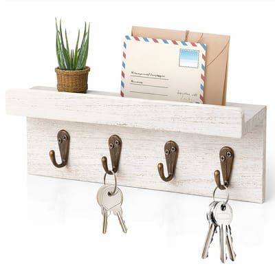 Sleutelrek Wand met Posthouder en Plank – Houten Sleutelhouder met 4 Haken – Wandrek voor Sleutels en Post – Hal Organizer – Wit