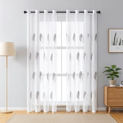 Qelus 2 Stuks Luxe Geborduurde Vitrage - 140x145 cm - Transparant Boommotief - Kant en Klaar Gordijn met Ringen Grijs - Sfeervolle Raamdecoratie voor Woonkamer & Slaapkamer