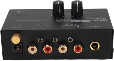 Lazmin112 Phono-voorversterker voor Draaitafel, RIAA-geëqualiseerde Geluidsarme Bewegende Magneetvoorversterker met en 1/4 Inch Uitgangen, Compact Ontwerp met Metalen Schaal voor (EU-stekker)