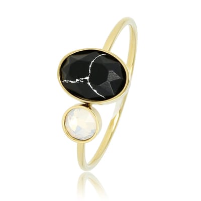 My Bendel - Ring Goudkleurig met Zwarte en Quartz Glassteen - Goudkleurige Aanschuifring - Zwarte en Quartz Glassteen - met Luxe Cadeauverpakking | Sieraden Voor Dames | Maat 16.00 Mm / Maat 50