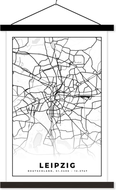 Posterhanger incl. Poster 40x60 cm - Schoolplaat - Leipzig - Plattegrond - Kaart - Stadskaart - Textielposter - Zwarte latten - Stadskaart