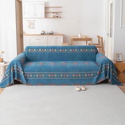 Boho plaid chenille deken - Zachte en wasbare deken voor bank en fauteuil - 180 x 380 cm - Blauw