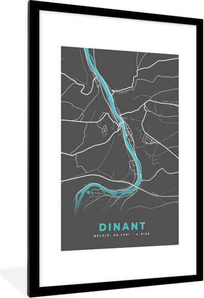 Fotolijst incl. Poster - Plattegrond – Dinant – Blauw – Stadskaart - Kaart - 80x120 cm - Posterlijst