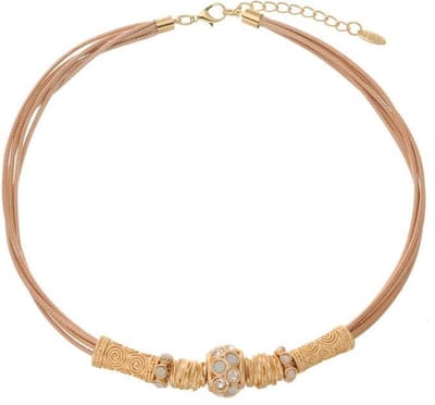 Behave - Korte ketting met 6 rijen waxkoord, licht bruin-mat goudkleur - 44 cm + verlengketting