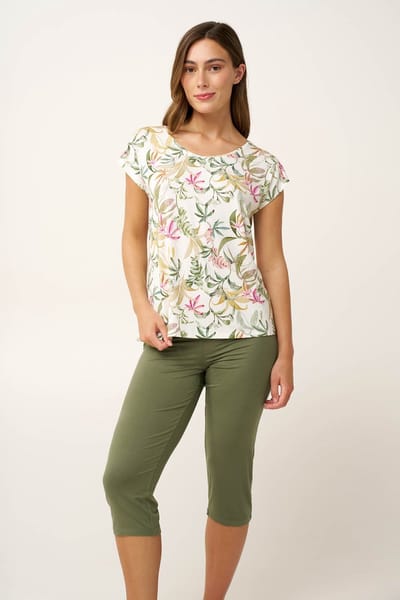 Vamp Damespyjama – Zomerse pyjama met bloemenprint en capribroek - Micromodal – Wit / groen - XXL