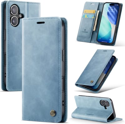 Casemania Hoesje Geschikt voor Apple iPhone 17 - Aqua Blue - Luxe Kunstleer Dunne Telefoonhoesje met Pasjeshouder en Standaardfunctie - Slim Wallet Case - Licht Blauw