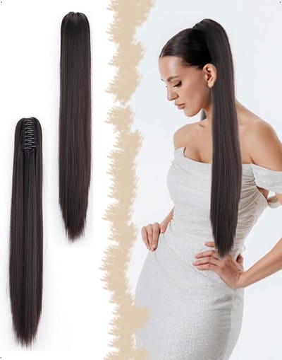 Langwerpige Ponytail Haarverlenging, 60 cm Recht Gelaagd Haarstuk, Synthetische Clip-in Staart voor Vrouwen in Zwart en Bruin, Natuurlijke Look en Eenvoudig in Gebruik