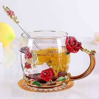 Valentijn Cadeautje - Handgemaakte Emaille Vlinder Bloem - Loodvrij Glas Koffie Mokken - Specials Mok - Thee Kopje Met Lepel, Verjaardag Kerstcadeaus Voor Haar – Vrouwen - Meisje - Vrienden - leraar Valentijnsdag Moederdag
