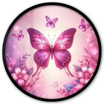 Poster in lijst Rond - Fotolijst 40x40 cm - Posters - Vlinder - Roze - Bloemen - Ronde posterlijst zwart - Decoratie - Wanddecoratie woonkamer - Muurdecoratie slaapkamer