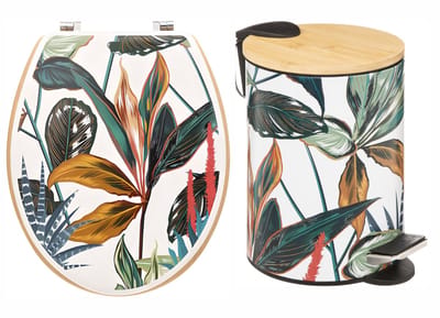 Set Toiletbril & Prullenbak – Tropische Bladeren Design – Bamboe Pedaalemmer 3L + MDF Toiletdeksel – Badkameraccessoires