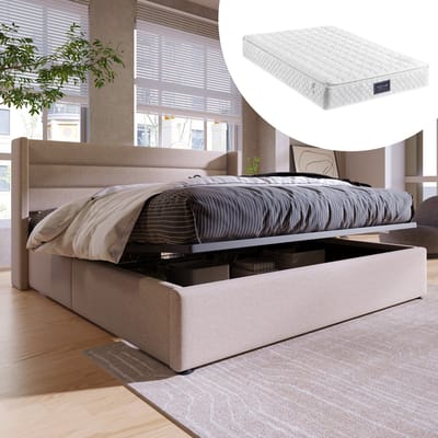 DESMIU Gestoffeerd Bed 140x200 cm – Hydraulisch Opbergbed met Hoofdbord – Groot Bedkistvak – Voor Slaapkamer – Linnen – Beige – Met matras