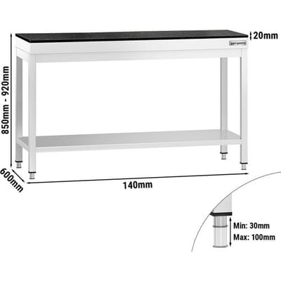 GGM Gastro Edelstahl Arbeitstisch PREMIUM - 1400x600mm - mit Grundboden - inkl. Granitarbeitsplatte