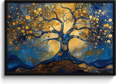 Poster in lijst - Fotolijst 90x60 cm - Posters - Boom - Levensboom - Blauw - Goud - Posterlijst zwart - Decoratie - Wanddecoratie woonkamer - Muurdecoratie slaapkamer