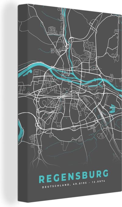 Canvas Schilderij Kaart – Plattegrond – Stadskaart – Regensburg – Duitsland – Blauw - 20x30 cm - Wanddecoratie