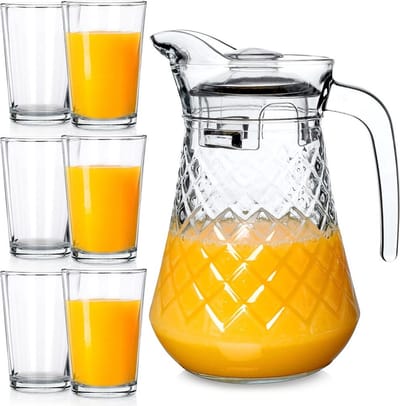 Drinkglazen met Karaf Glas met Deksel 200 ml / 1,4 l 7 delig - Waterglazen - Glazen - Limonadeglazen - Kan - Waterkaraf voor Fruitwater - Waterkan - Drinkkan