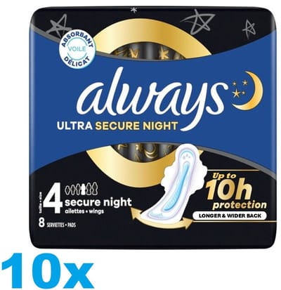 Always Ultra Secure Night Maandverband – Maat 4 – Met Vleugels – 10 x 8 Stuks – Tot 10u Bescherming