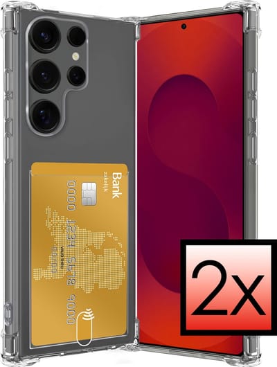 Hoesje - 2 Stuks - Geschikt voor Samsung Galaxy S25 Ultra - Met Pashouder en Kaarthouder - Telefoon Hoes Shockproof - Siliconen Case - Back Cover - Shock Proof - Pasjes Houder - Transparant