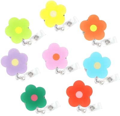 Dailygoods- Badgehouder Hoge Kwaliteit - Badgehouder met Trekkoord - Intrekbare Badgehouder - Bloemvorm - 8 Stuks - Duurzaam Acryl - Badgehaspel