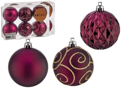 Krist+ gedecoreerde kerstballen -12x st - wijn rood/bordeaux- kunststof - 6 cm