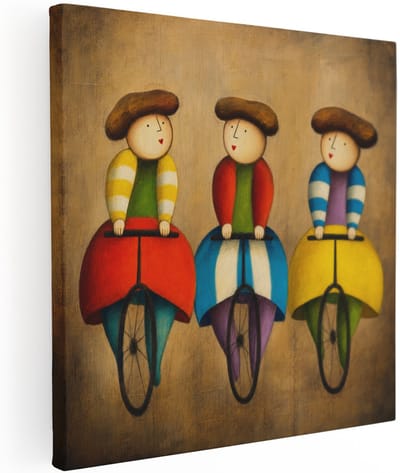 Artaza Canvas Schilderij Grappige Fietsende Figuren - Kleurrijk Figuratief - 60x60 cm - Wanddecoratie Woonkamer - Schilderijen - Muurdecoratie