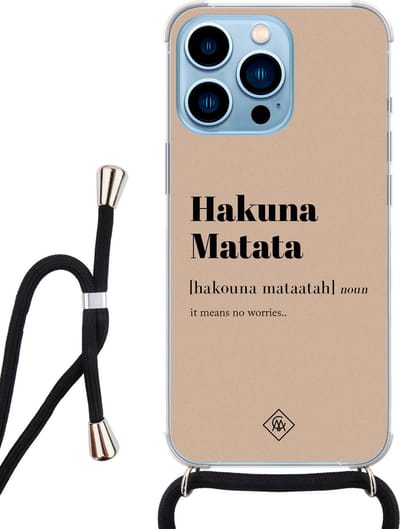 Casimoda® hoesje met koord - Geschikt voor iPhone 13 Pro Max - Hakuna Matata - Afneembaar koord - Siliconen/TPU - Bruin/beige