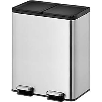 EKO Essential Recycler pedaalemmer, 2 x 20 liter, roestvrij staal, vingerafdrukbestendig, stay-open functie, B 463 x D 332 x H 592 mm, zilver/zwart