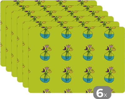 Placemat - Placemats kunststof - Bloemen - Vazen - Patronen - 45x30 cm - 6 stuks - Hittebestendig - Anti-Slip - Onderlegger - Afneembaar