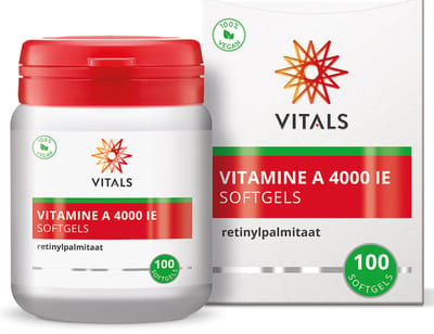 Vitals Vitamine A 4000 IE - 100 softgels. Hoge dosering vitamine A in de vorm van retinylpalmitaat.