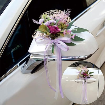 4 STKS Kunstbloem Decoratie Buiten Auto Spiegel Deur Romantisch Bloemen Bruiloft Decor Lint Nepbloem Decoratie Benodigdheden