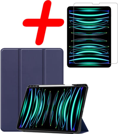 Hoesje Geschikt voor Apple iPad Pro (2022) - 11 inch - 4e generatie - Met Screenprotector - Trifold Bookcase - Hard Cover Case - Met Uitsparing Geschikt voor Apple Pencil - Hardcover Book - Tablet Hoes - Donkerblauw