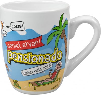 Pensioen - Mok - Snoep - Pensionado - Cartoon - Met zijden lint met de tekst: "Speciaal voor jou" - Cartoon - In cadeauverpakking met gekleurd krullint