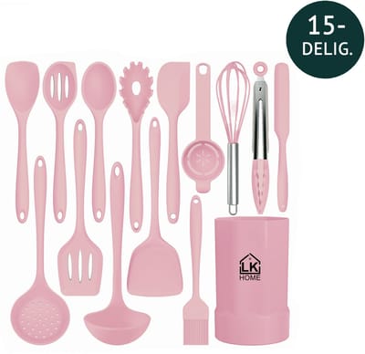 LK Home Siliconen Keukengerei Set met Houder - Kookgerei Set 15 delig - BPA & Plastic Vrij - Ophangbaar Roze.