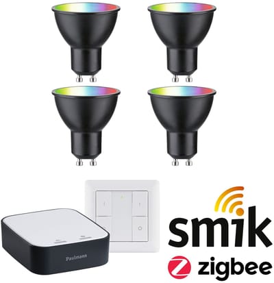 Paulmann Zigbee 3.0 Smart Home Startset Smik Gateway + Wandschakelaar + 4x LED Reflector GU10 RGBW - 2200K-6500K - 350lm - Dimbaar