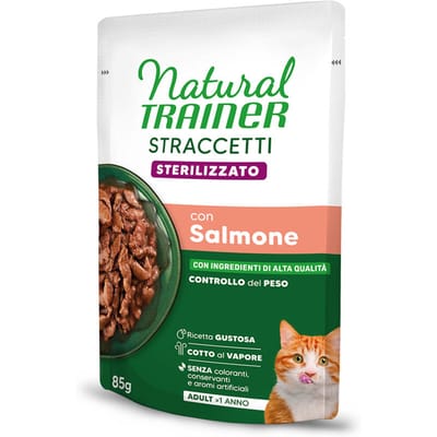 Voordeelverpakking 48x 85g Natural Trainer Stracceti Adult Gesteriliseerde repen in saus Zalm nat kattenvoer